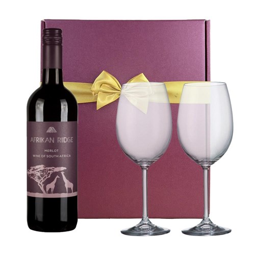 Afrikan Ridge Merlot 75cl Red Wine And Bohemia Glasses In A Gift Box